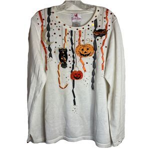 Quaker Factory Halloween Sweater White W/ Orange and Black Embellishments Sz L